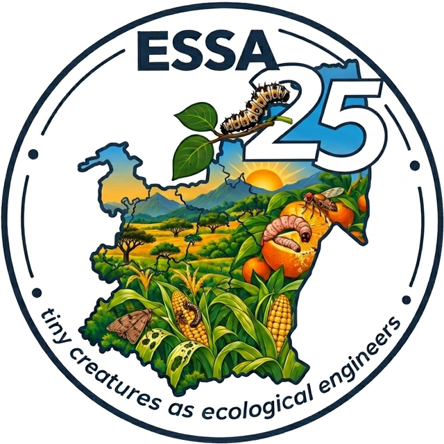 The ESSA25 badge: a map of Mpumalanga filled with maize, citrus and bushveld, with a mopane worm and the words tiny creatures as ecological engineers.